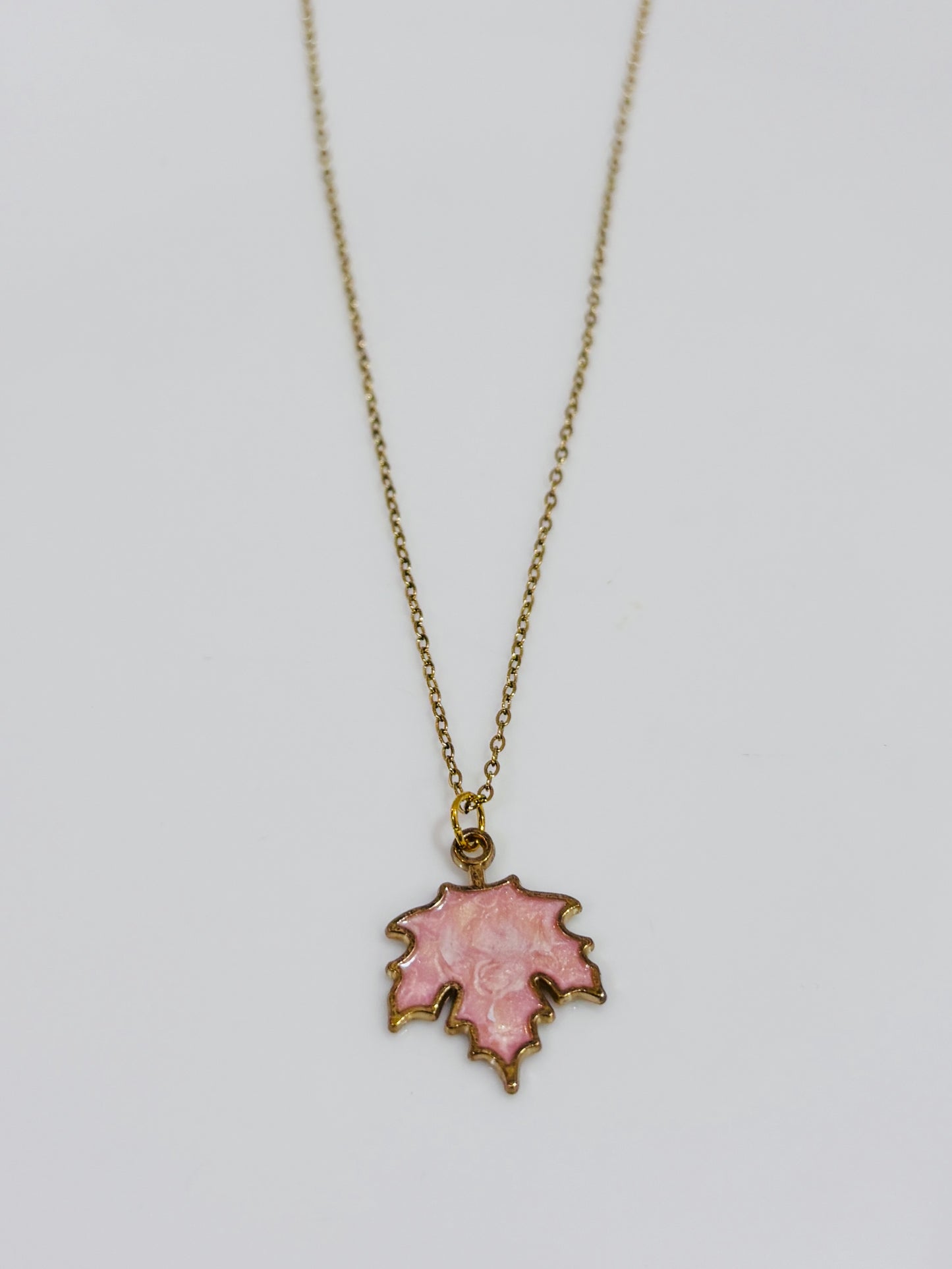 Pink leaf pendant with chain