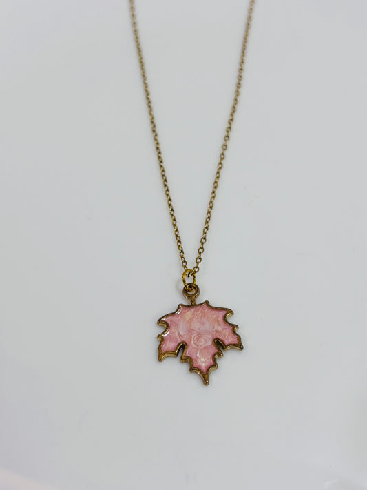 Pink leaf pendant with chain